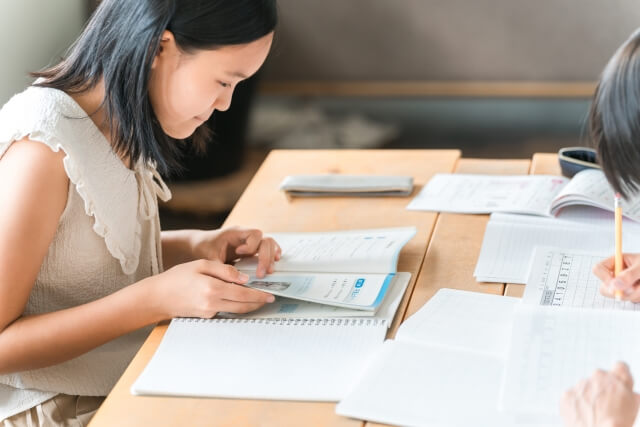 机で真剣にテキストを読む女性